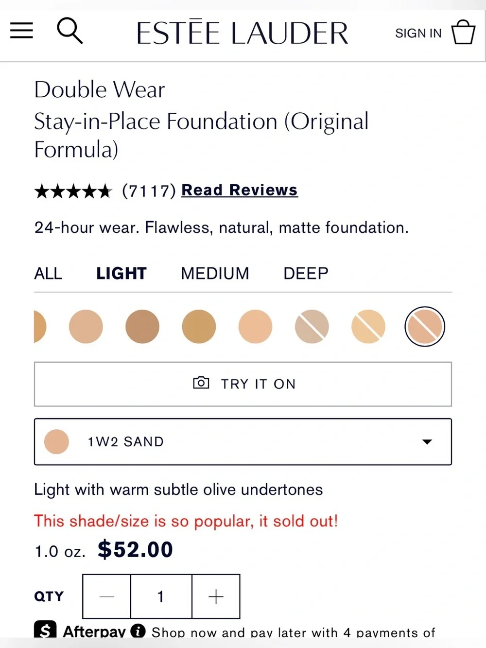 1W2 Sand Estee Lauder Double Wear Stay-In-Place Makeup Foundation, Original F